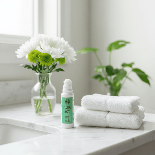 Roll-on bottle labeled 'Floral Haze' on a bathroom counter with white towels and flowers.