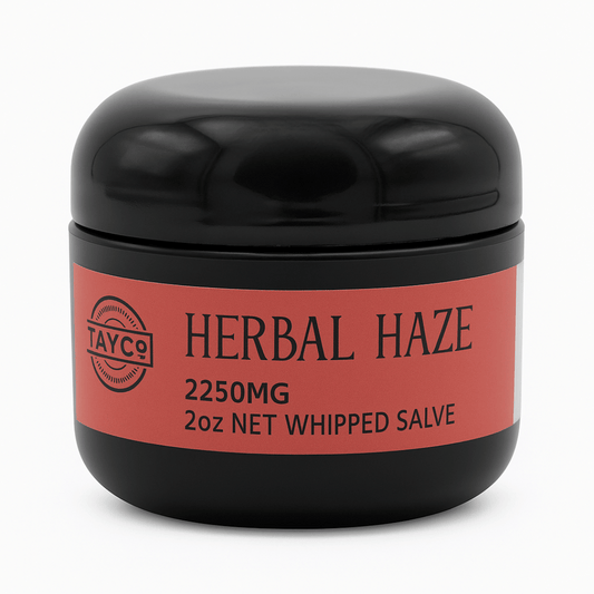 Black jar with a red label containing 'Herbal Haze' by Tayco on a white background