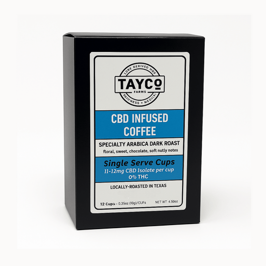 Box of Tayco CBD Infused Coffee single serve cups on a white background