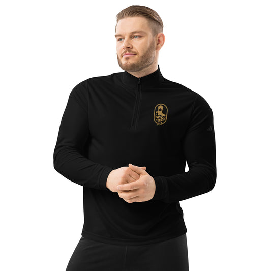 Front view of a black Tayco Farms Adidas quarter-zip pullover