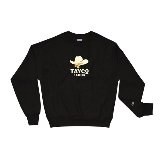 Front view of a black Tayco Farms western Champion sweatshirt