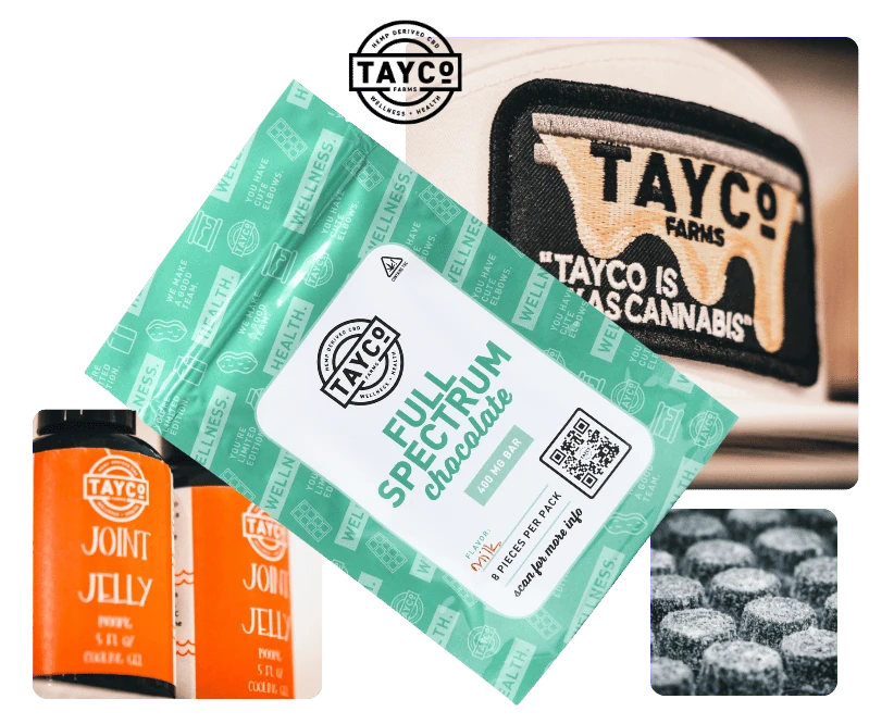 Tayco Farms hemp products with gummies, Joint Jelly and a cap