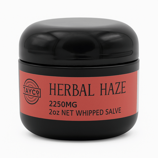 Tayco Farms Herbal Haze 2250mg whipped salve jar, front label
