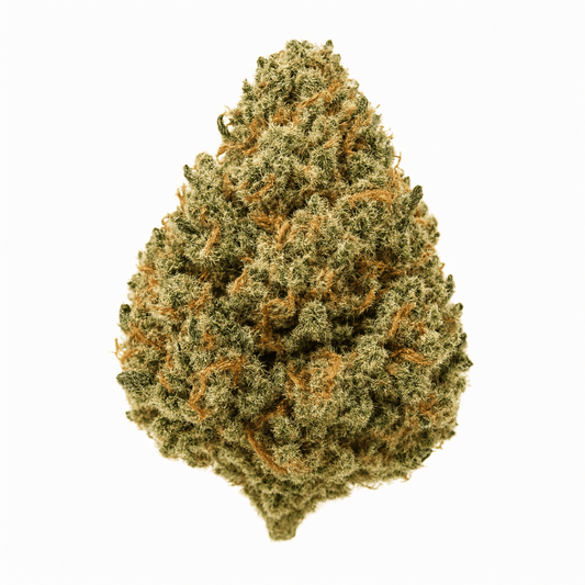 Blackscotti THCA flower bud on a clean white background, showing dense frosty structure and orange pistils