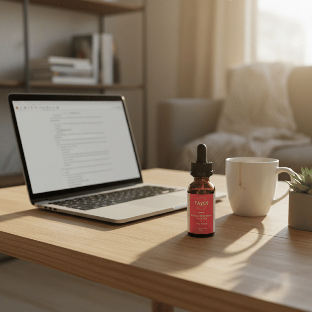 Laptop on a desk with a bottle of TAYC product, a mug, and a plant in a cozy room.