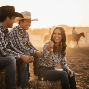 Two men and a woman in cowboy hats sitting on hay in a field with horses in the background.