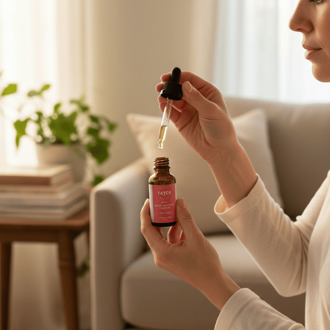 Person holding a bottle of TAYO skincare serum with a dropper in a home setting.