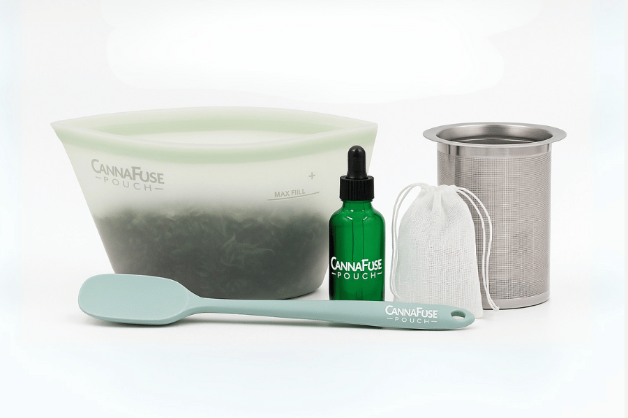 CannaFuse pouch kit with bottle, spoon and mesh strainer
