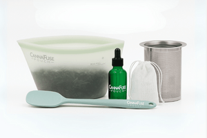 CannaFuse pouch kit with bottle, spoon and mesh strainer