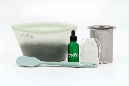 CannaFuse pouch kit with bottle, spoon and mesh strainer