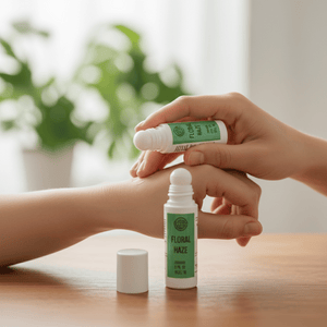 Person applying a roll-on bottle labeled 'Floral Haze' to their arm with a blurred plant in the background.