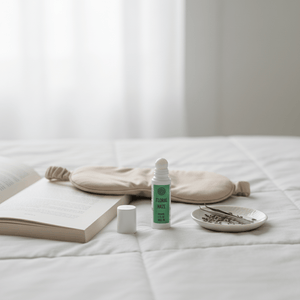 Small bottle with a dropper on a white surface next to an open book and a bowl.