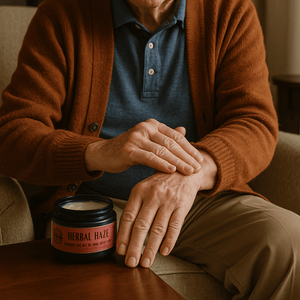 Person wearing a brown cardigan and blue shirt with a candle labeled 'Herbal Haze' on a table.