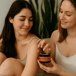 Two women applying a cream from a jar labeled 'Herbal Haze' to each other's skin.