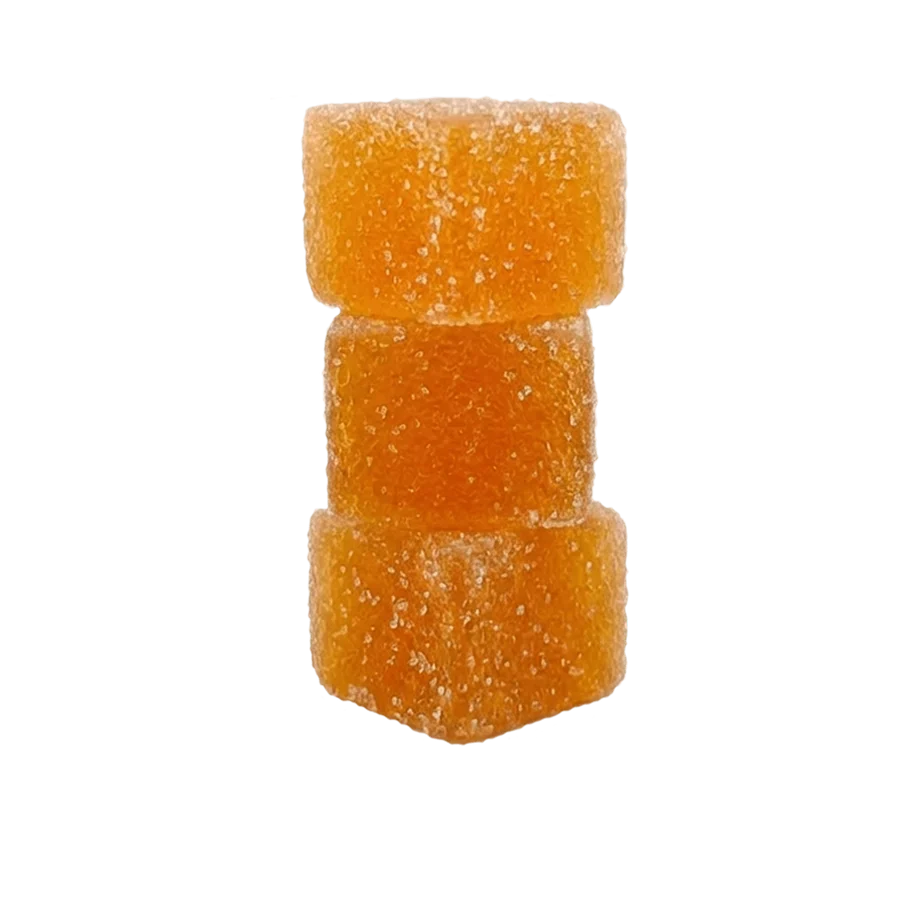 Mood orange Mighty Mango gummies stacked on white