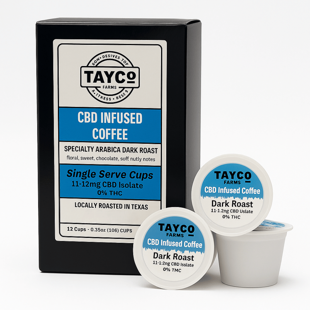Tayco CBD Infused Coffee packaging with single serve cups on a white background