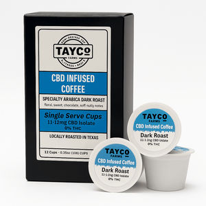 Tayco CBD Infused Coffee packaging with single serve cups on a white background