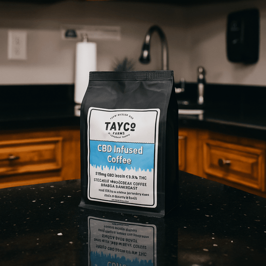 Tayco CBD Infused Coffee package on a kitchen counter