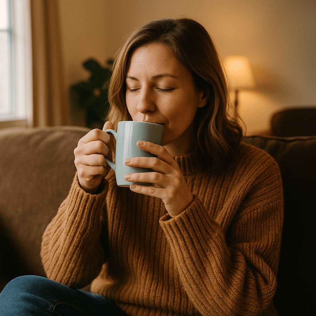 Woman in a brown sweater drinking from a blue mug in a cozy living room.