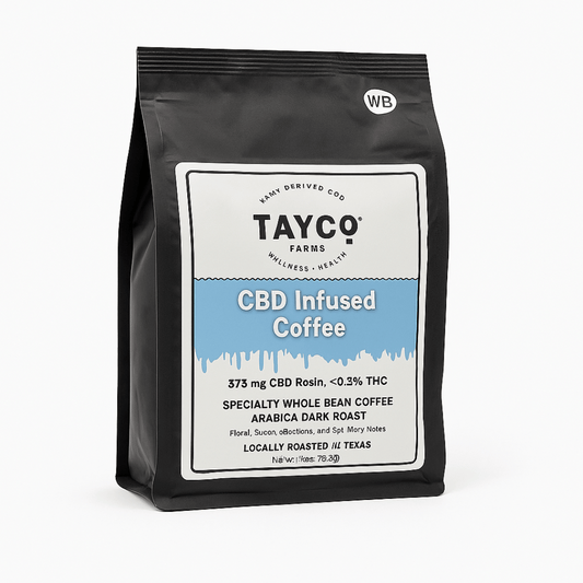 CBD Infused Coffee package with Tayco Farms branding on a white background