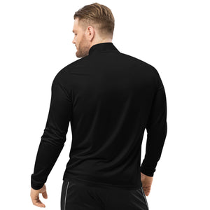 Back view of a black Tayco Farms Adidas quarter-zip pullover