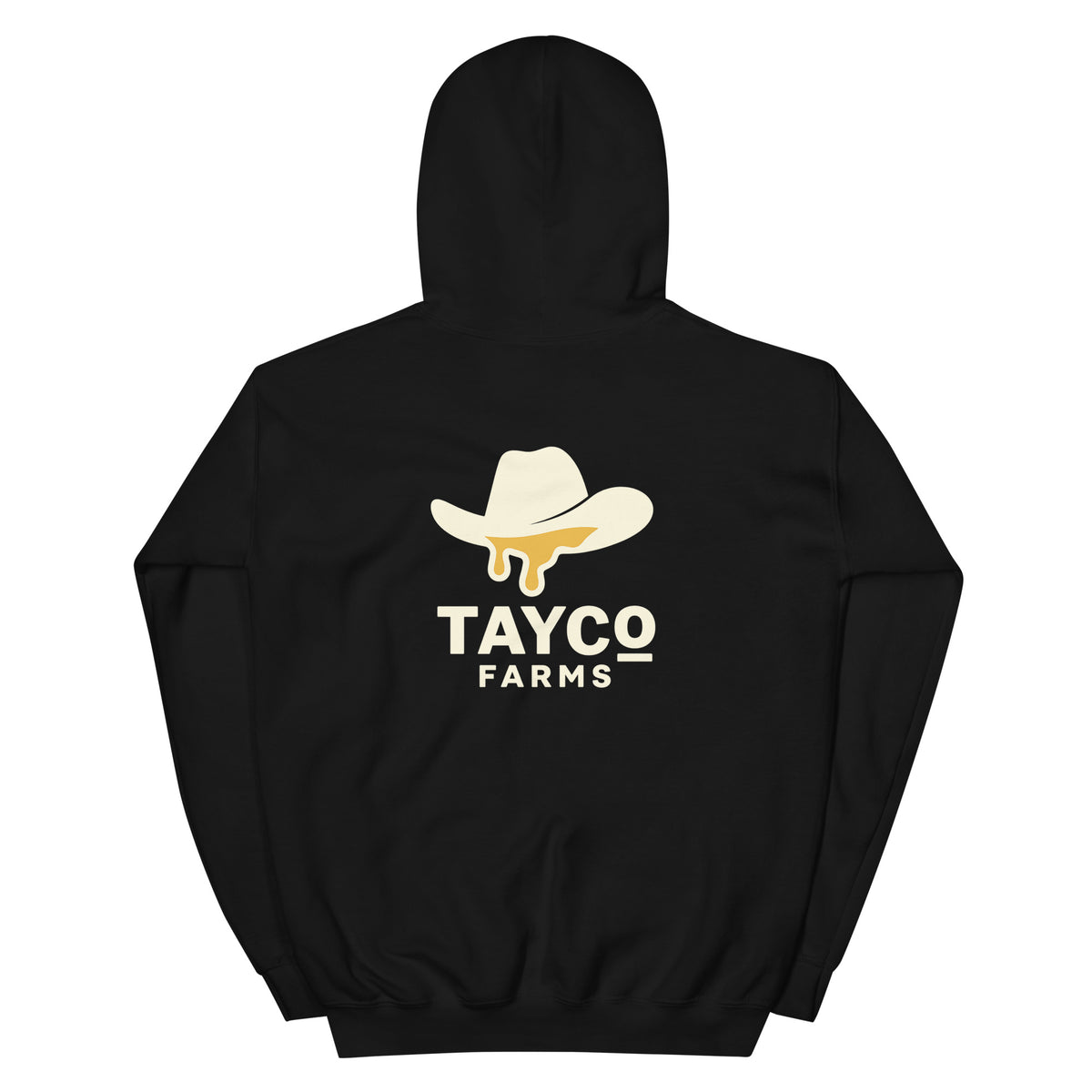 Back view of a black Tayco Farms signature hoodie