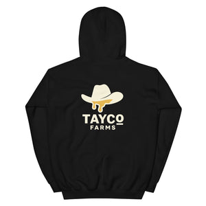 Back view of a black Tayco Farms signature hoodie