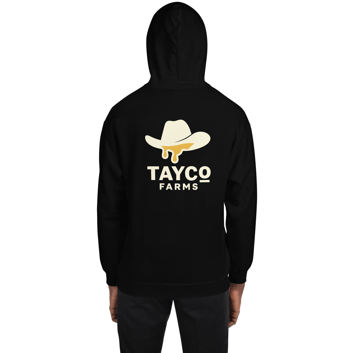 Back view of a black Tayco Farms signature hoodie
