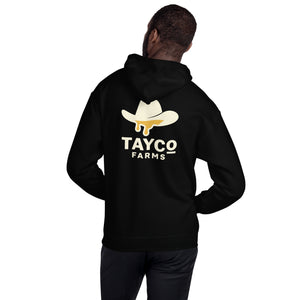 Back view of a black Tayco Farms signature hoodie