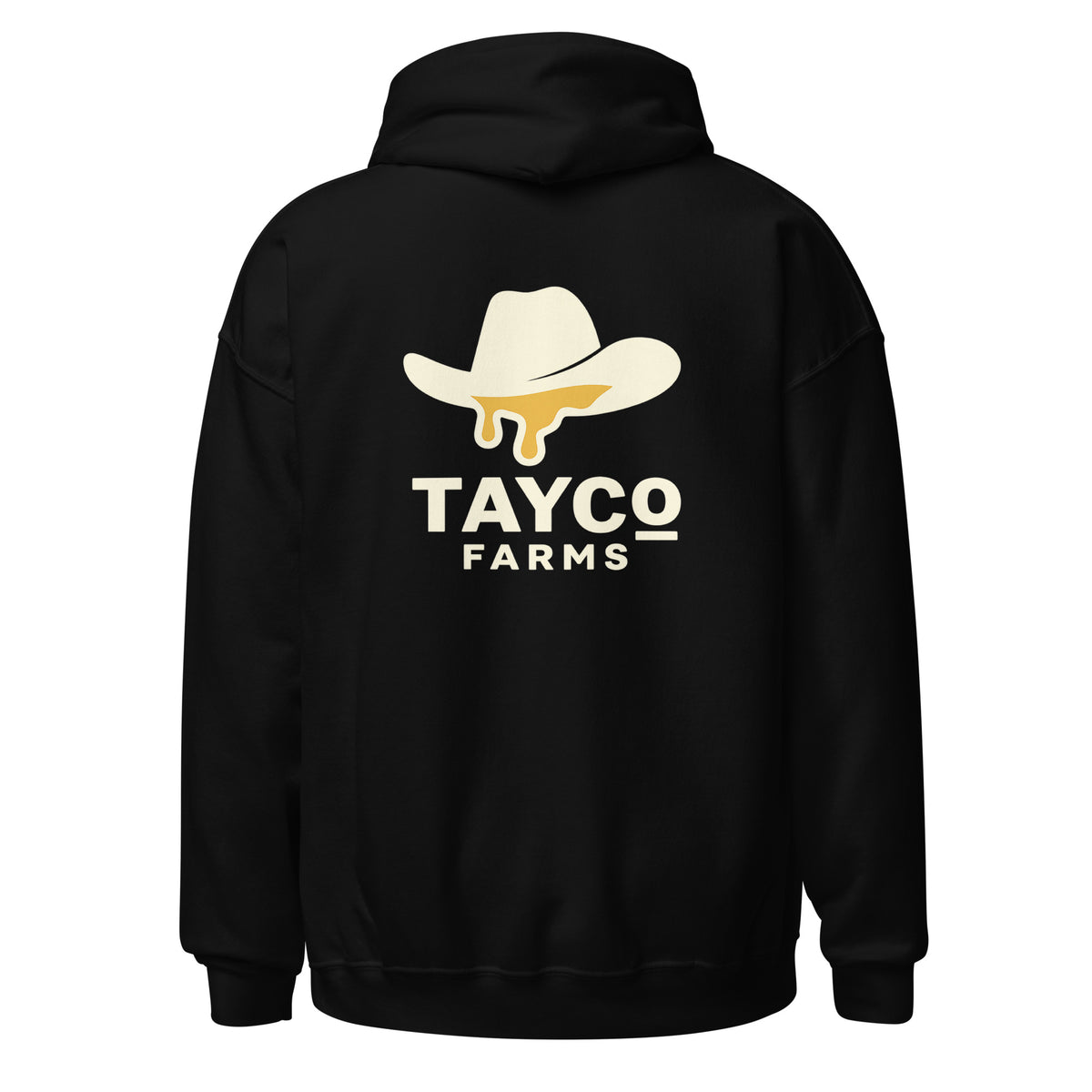Back view of a black Tayco Farms signature hoodie