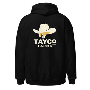 Back view of a black Tayco Farms signature hoodie