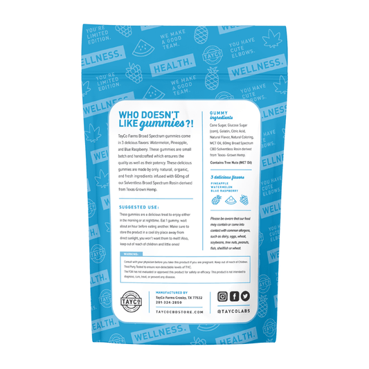 Tayco Farms Broad Spectrum gummy pouch, back label