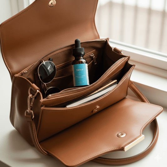 Brown leather handbag with sunglasses and a bottle of Tatcha product on a light surface.
