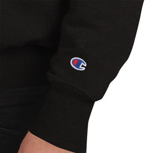 Clothing detail of a black Tayco Farms western Champion sweatshirt