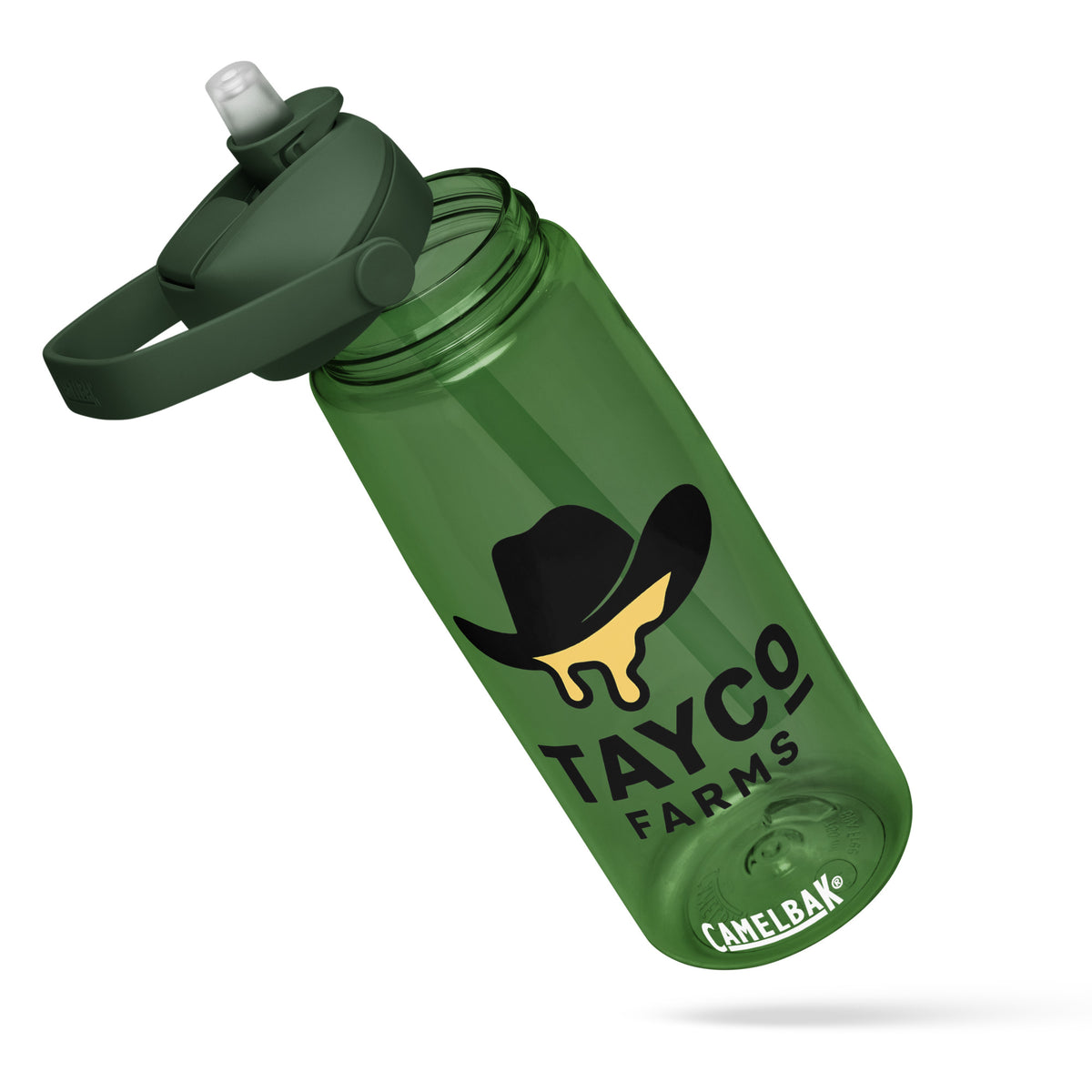 Tayco Farms forest green flip straw water bottle with open lid