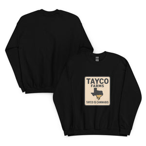Front and back of a black Tayco Farms Texas Drip sweatshirt