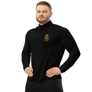Front view of a black Tayco Farms Adidas quarter-zip pullover