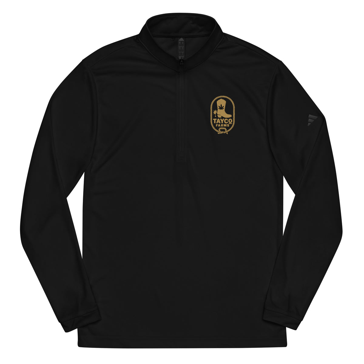 Front view of a black Tayco Farms Adidas quarter-zip pullover