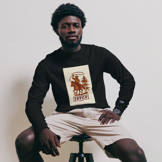 Front view of a black Tayco Farms cowboy Champion long sleeve shirt