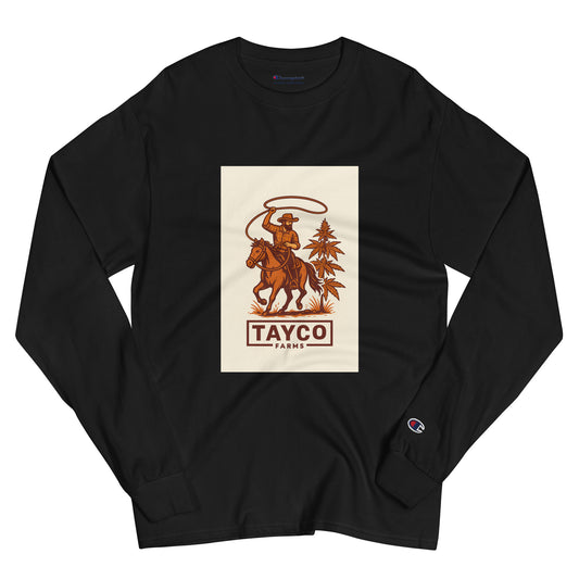 Front view of a black Tayco Farms cowboy Champion long sleeve shirt