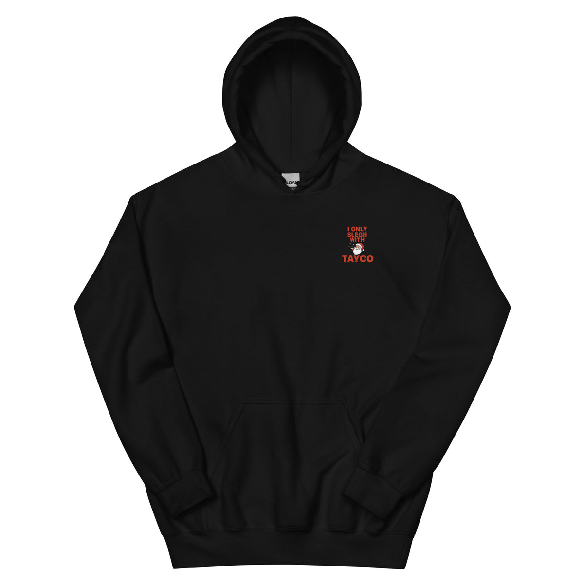 Front view of a black Tayco Farms signature hoodie