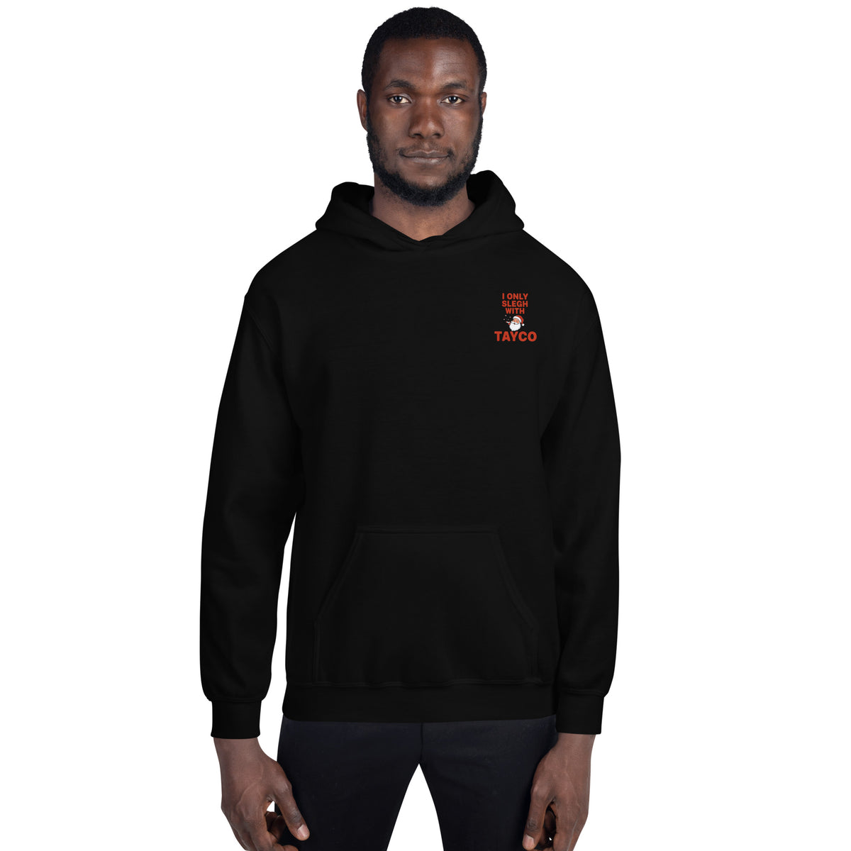 Front view of a black Tayco Farms signature hoodie
