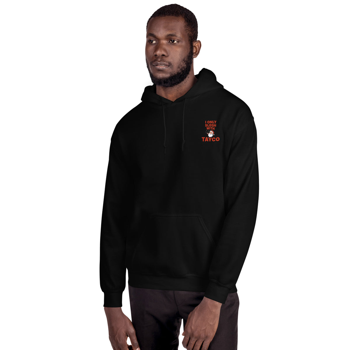 Front view of a black Tayco Farms signature hoodie