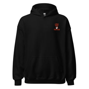Front view of a black Tayco Farms signature hoodie