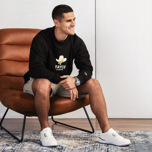 Front view of a black Tayco Farms western Champion sweatshirt
