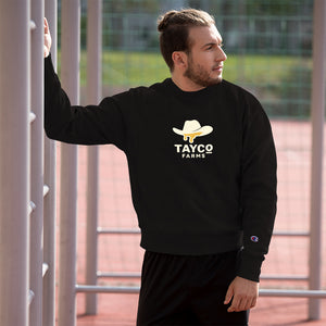 Front view of a black Tayco Farms western Champion sweatshirt