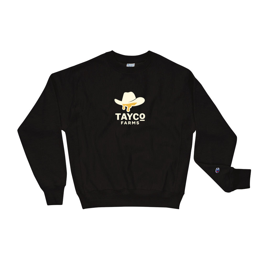 Front view of a black Tayco Farms western Champion sweatshirt