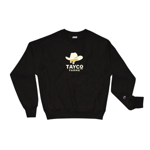 Front view of a black Tayco Farms western Champion sweatshirt
