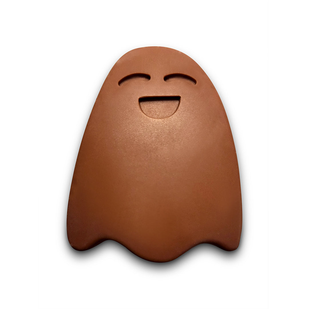 Ghost-shaped milk chocolate on a white background