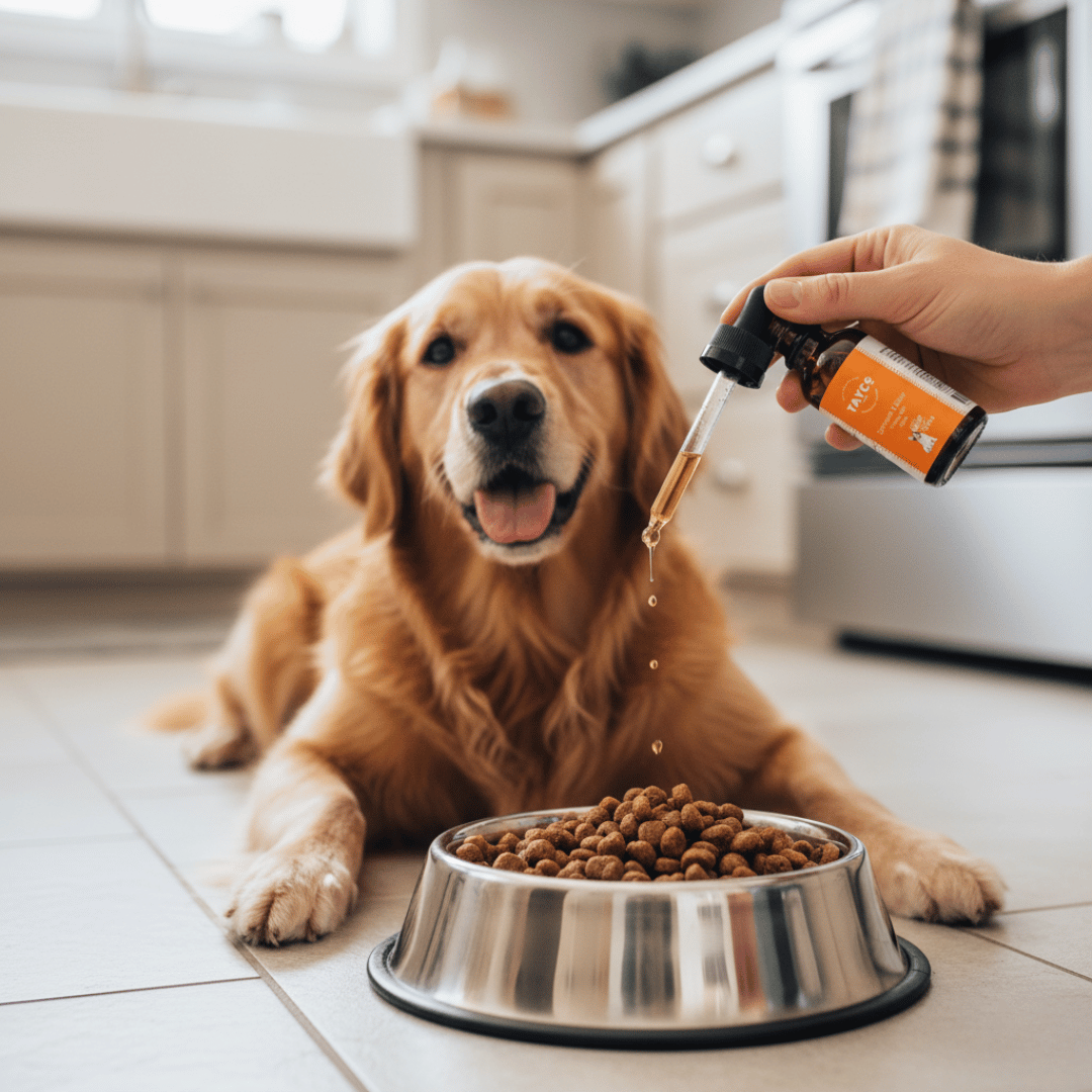 Hand holding Spencer's Elixir pet tincture near a dog and food bowl